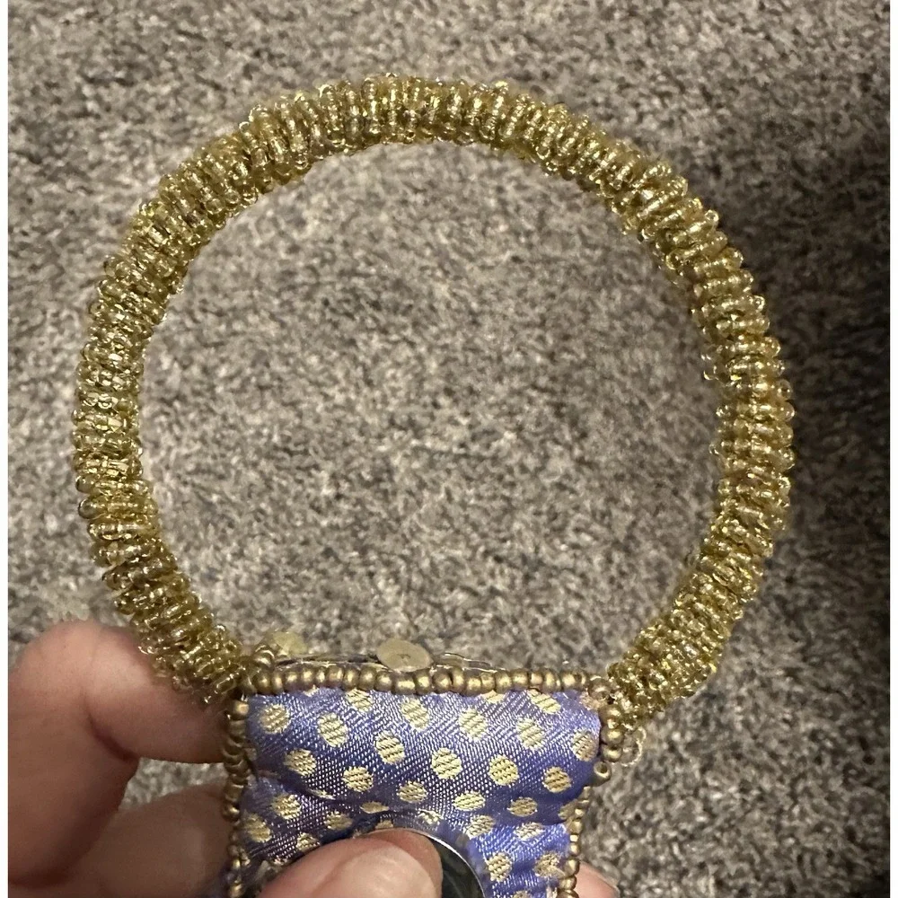 Fortune Cookie Bag Purse Wristlet Blue/Purple w/ Gold color Beads w/ Embroidery